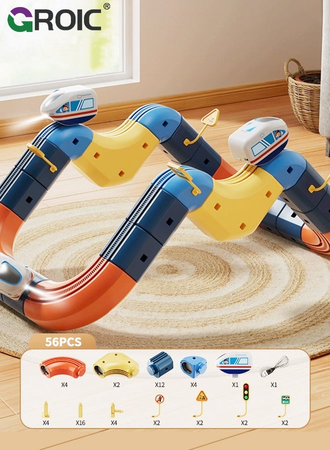 GROIC 56Pcs 3D Infinity Cube Track Magnetic Electric Train Set for Kids 3 4 5 6 7 8, 3D Flexible Race Track Gravity Defying Train Track Stem Learning Toy for Toddlers, DIY Montessori Building Kits - Image 1
